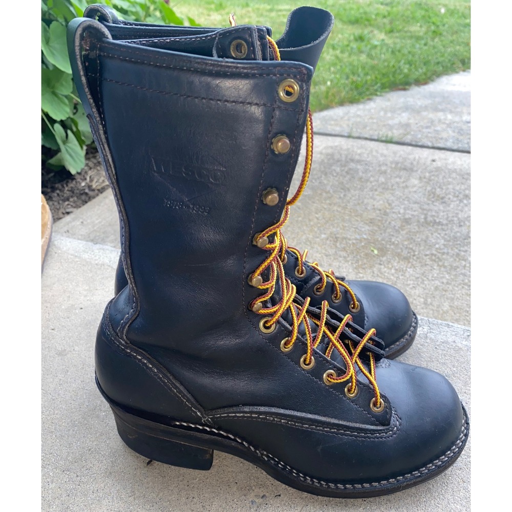 VTG Wesco 9in Highliner Logger Boots Black Leather Vibram Sole Mens 7 B 1993